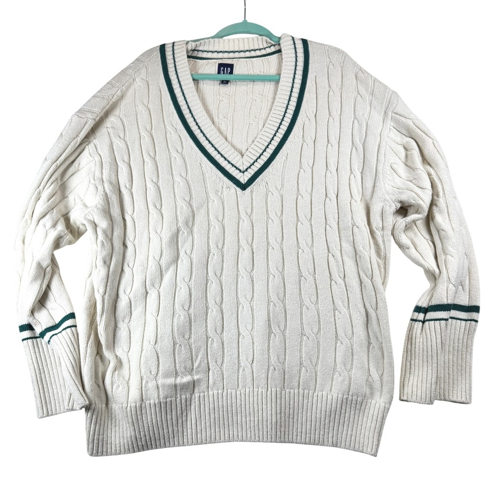 GAP Womens Cable Knit Sweater XL Extra Large Cream Green Trim V Neck Long Sleeve